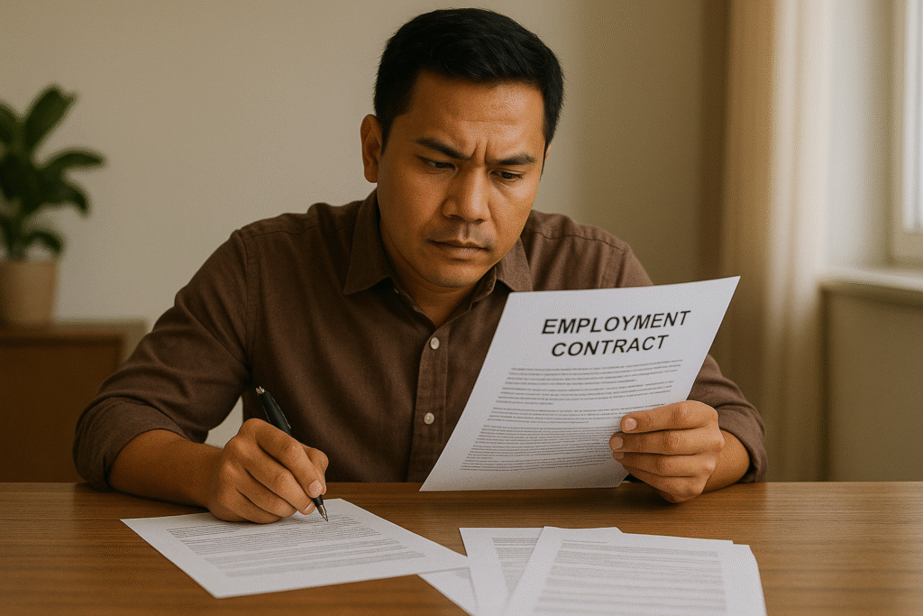 HR reviewing employment contracts related to non-regularization of probationary employee.