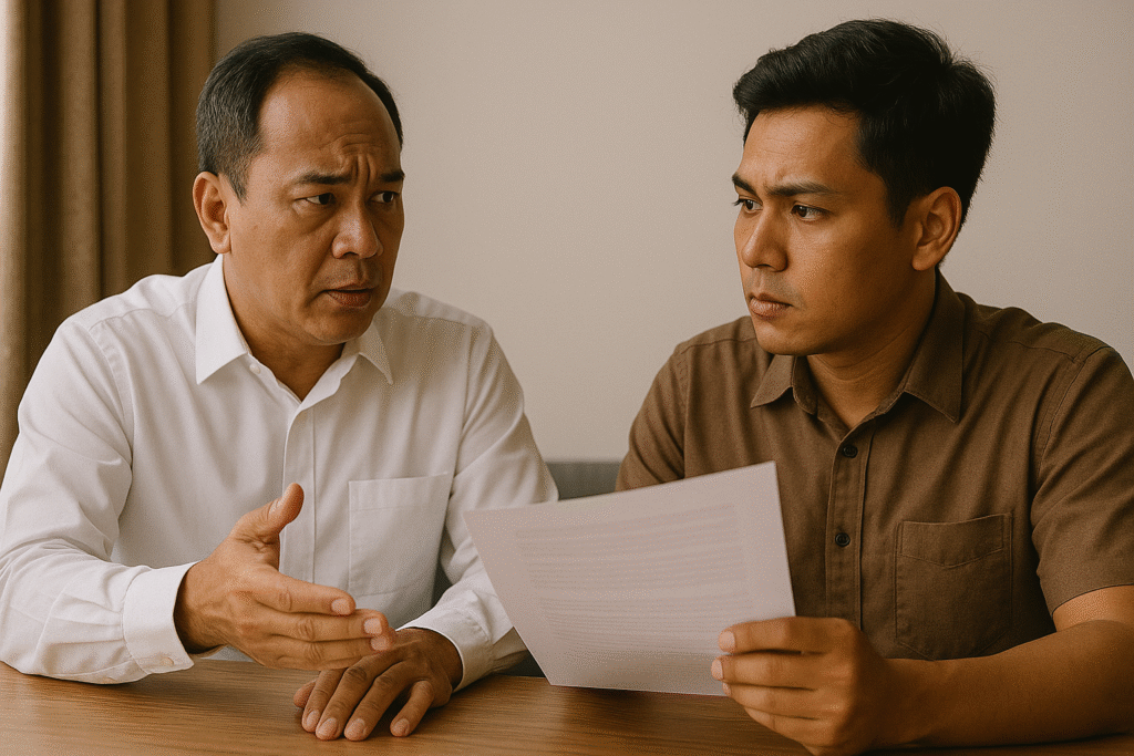 Employer and employee discussing non-regularization of probationary worker during evaluation meeting.