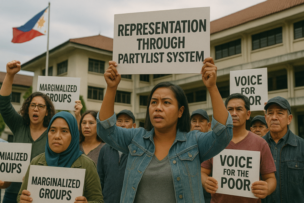 Marginalized groups protesting for representation through partylist system.