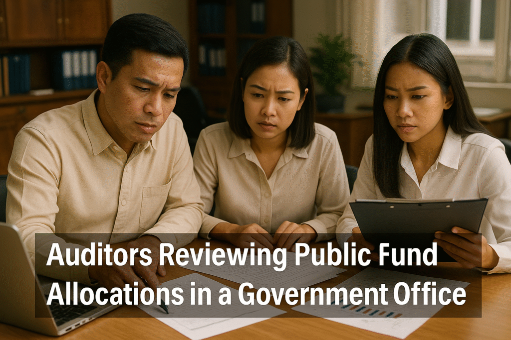 Auditors reviewing public fund allocations in a government office.