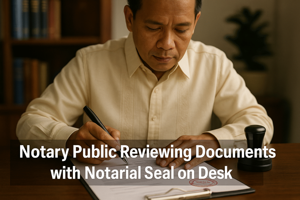 Notary public reviewing documents with notarial seal on desk.