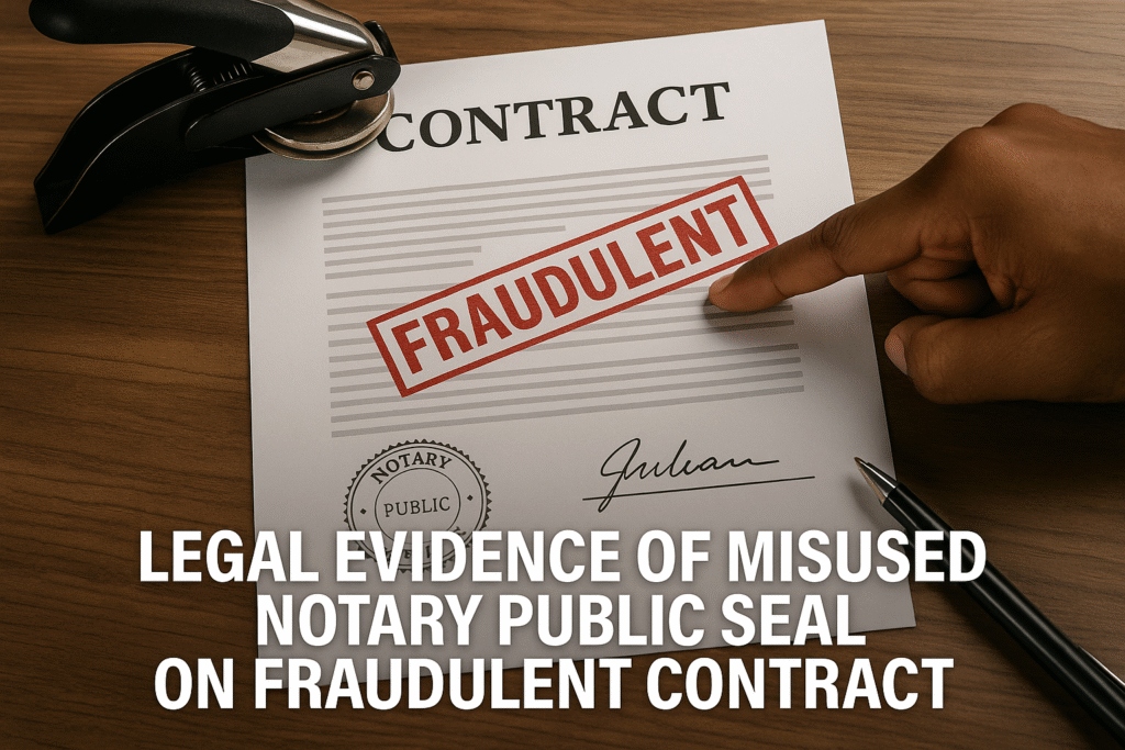 Legal evidence of misused notary public seal on fraudulent contract.