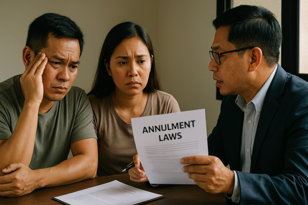 A worried Filipino couple discussing annulment laws with a legal advisor.