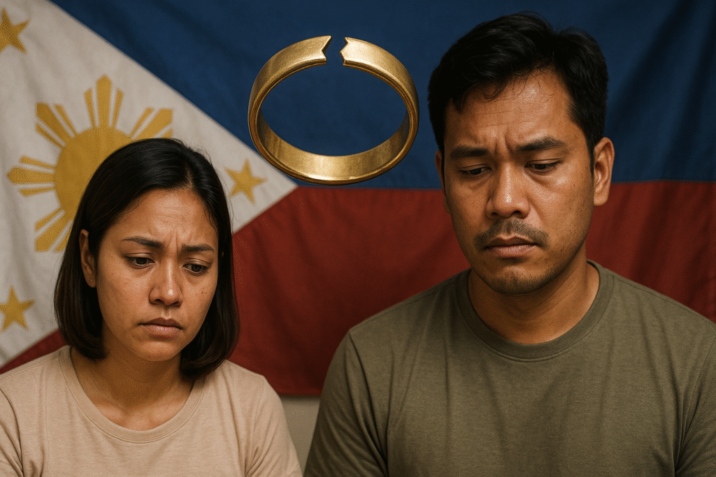 An illustration showing the Philippine flag behind a split wedding ring, symbolizing the country’s strict divorce laws. 