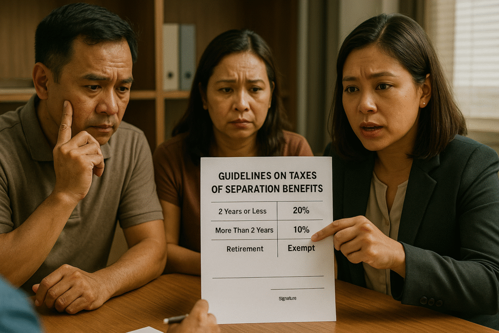 A Filipina advisor explains separation benefit tax rates to a concerned Filipino couple in an office.